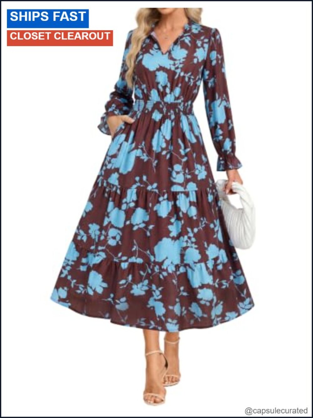 Women's Floral V Neck Long Sleeve Tiered Midi Dress with Pockets